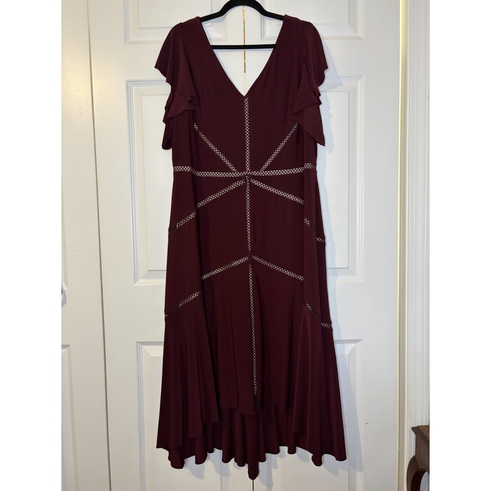 Taylor Burgundy Ruffle Cap Sleeve High-Low Midi Geometric Dress Women's Size 16W